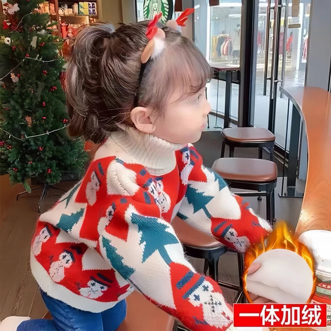 女童毛衣2023新款加厚套头宝宝洋气冬装保暖高领儿童圣诞针织上衣