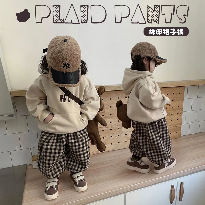 女童冬季加绒套装新款韩系儿童洋气两件套秋冬一体绒卫衣格子绒裤