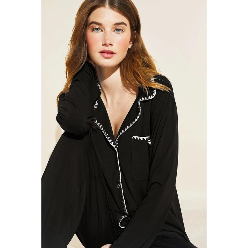 时梦也【意大利EBJ】黑色莫代尔长袖长裤贝壳绣睡眠套装裸感亲肤软