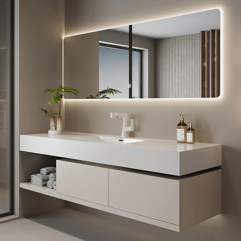 奶油风卫生间陶瓷洗手脸组合轻奢浴室柜岩板无缝一体盆洗漱台实木