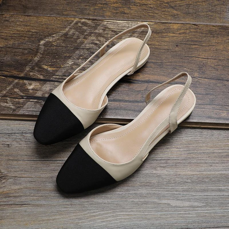 林晚晚包头凉鞋女真皮2025春夏新款韩版时尚拼色后绊带舒适平底鞋