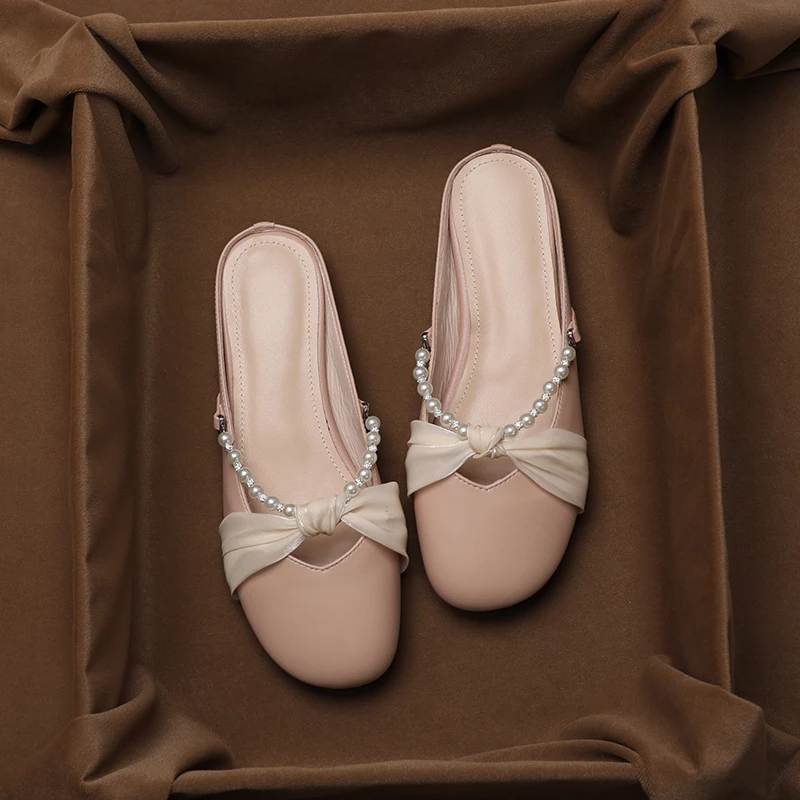 林晚晚甜美仙女风包头半拖鞋女真皮时尚珍珠圆头平底配裙子的拖鞋