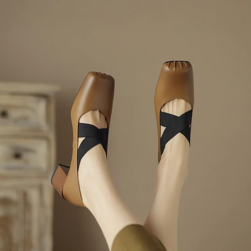 林晚晚 复古Girl~真皮方头交叉绑带芭蕾舞鞋女休闲粗高跟单鞋