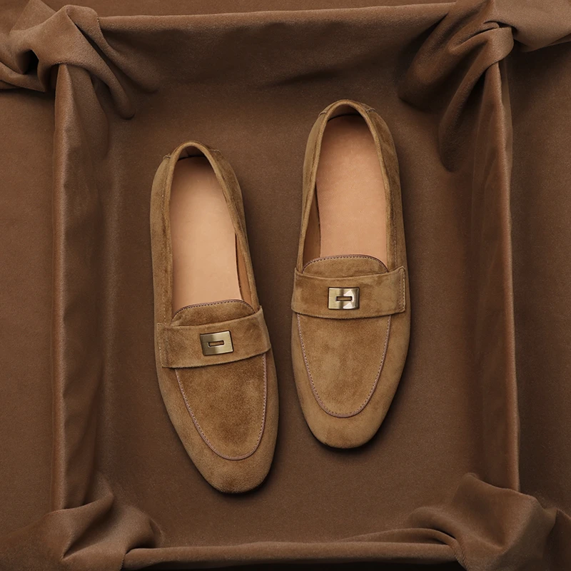 林晚晚英伦风反绒乐福鞋时尚复古平底真皮单鞋女一脚蹬懒人女鞋子