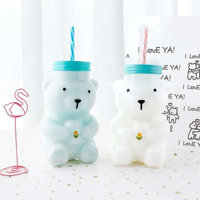 小熊吸管玻璃杯ins简约透明耐热果汁杯韩版情侣创意礼物牛奶杯