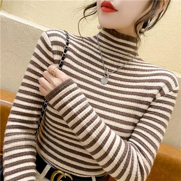 条纹新款春秋百搭韩版长袖弹力显瘦女半高领打底衫百搭套头春季