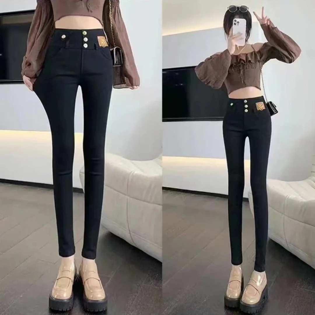 8965年秋冬款韩版百搭显瘦爱心金属铁艺3扣高腰打底小黑裤显瘦