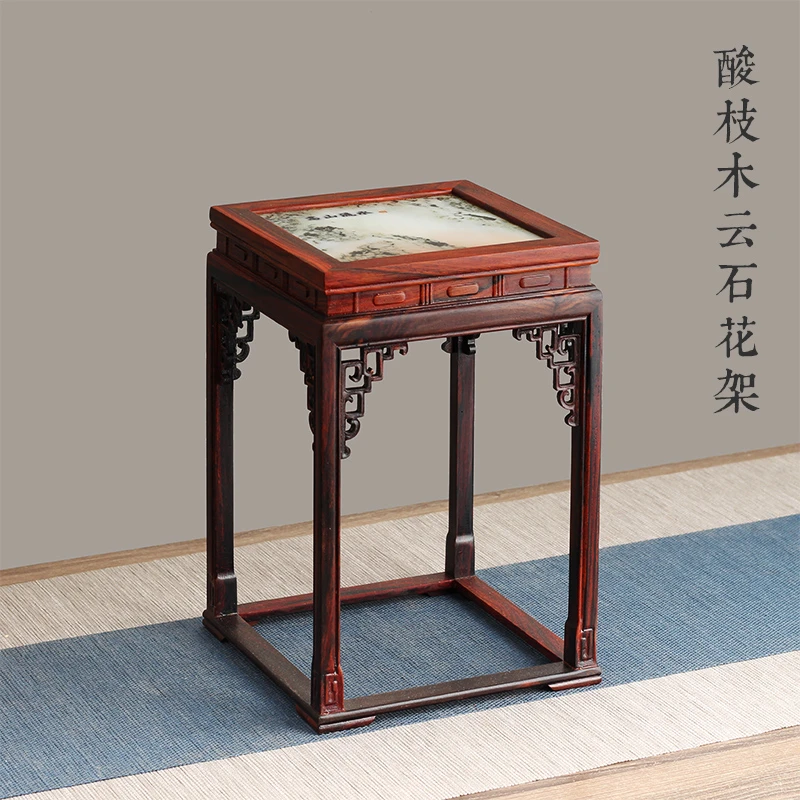 红酸枝花瓶奇石工艺品摆件底座古典仿古木制家具小花架茶壶花几架