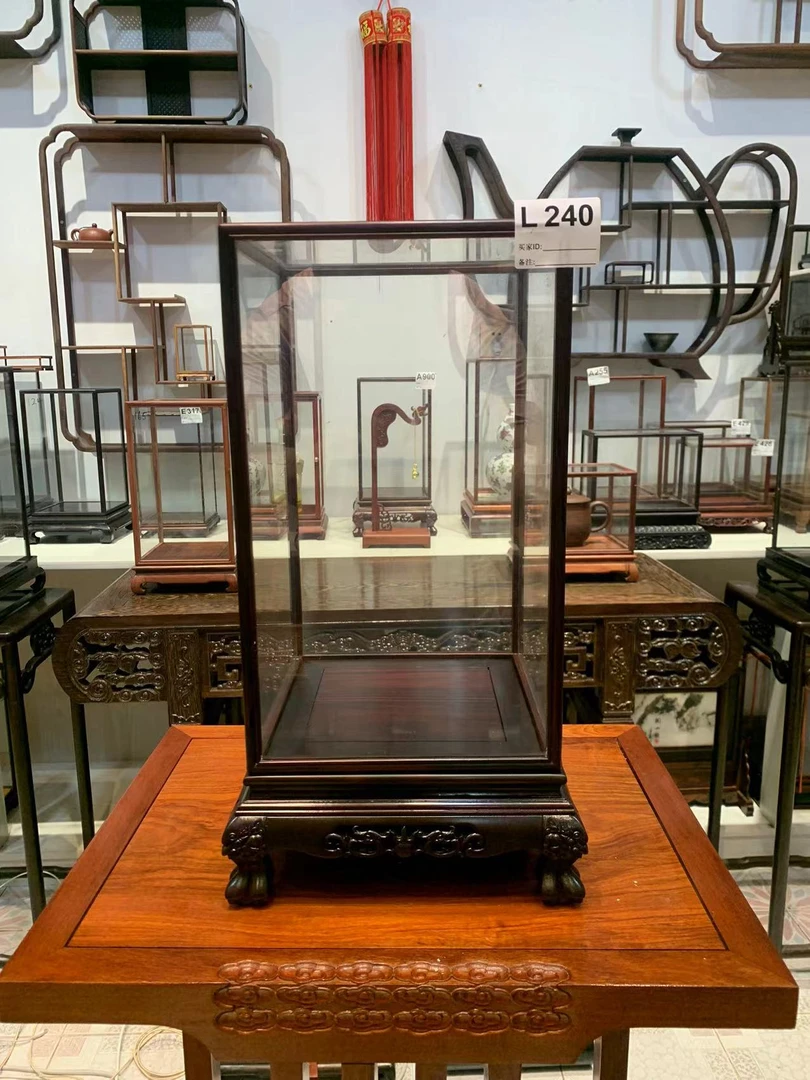 240大叶紫檀老虎脚玻璃罩摆件工艺品宝笼展示盒防尘罩