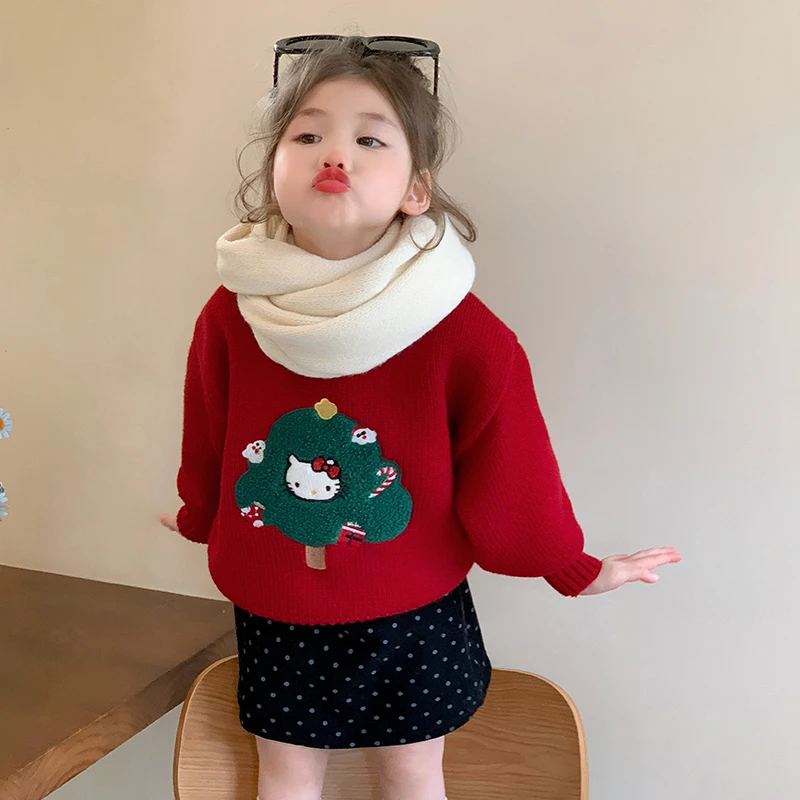女童圣诞毛衣秋冬装2024新款儿童红色新年装洋气女宝宝冬季针织衫