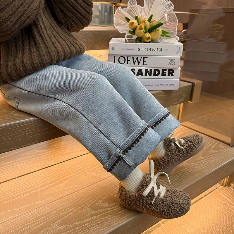 女童加绒牛仔裤秋冬装2024新款儿童一体绒裤子宝宝冬季加厚直筒裤