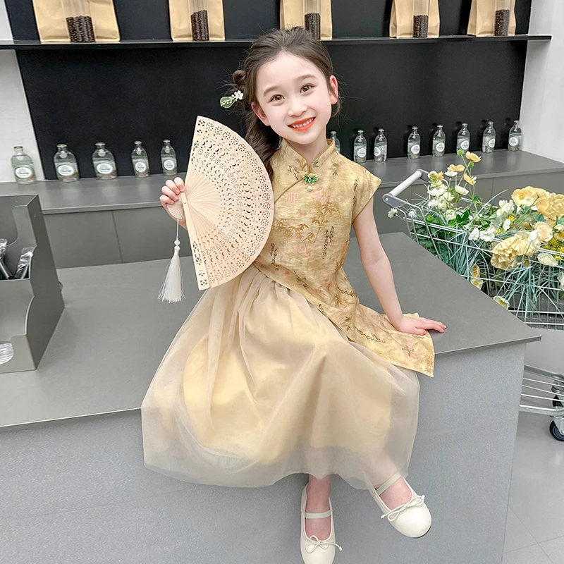 女童新中式汉服套装2024新款儿童夏装复古小女孩中国风纱裙两件套