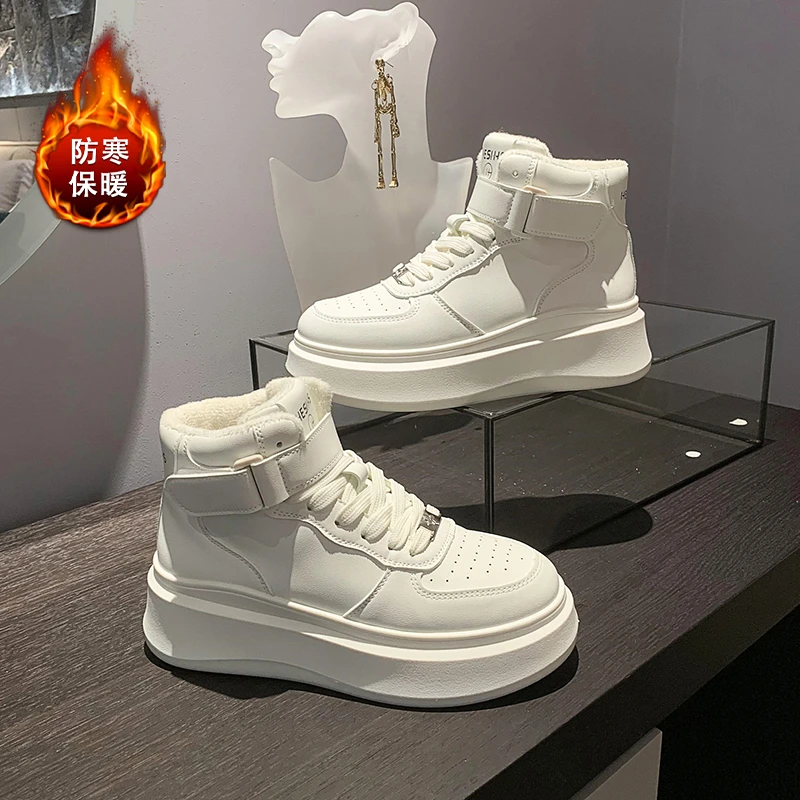 红蜻蜓牌网红加绒厚底小白鞋女2023秋冬新款小个子百搭休闲高帮板