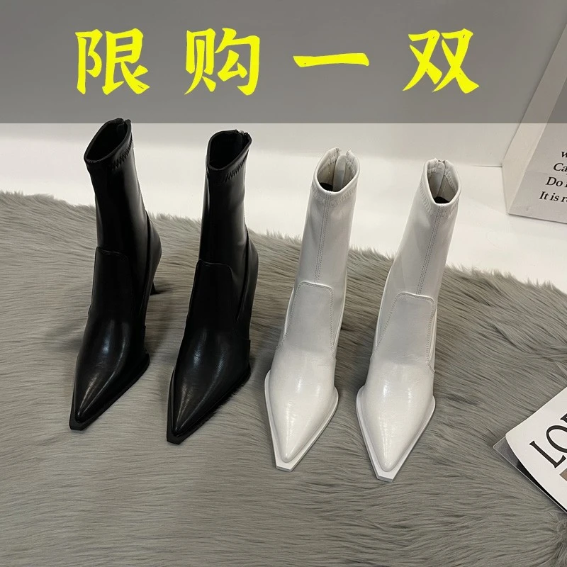 红蜻蜓牌小个子靴子女显高细跟秋季高跟鞋小众设计感高级感尖头