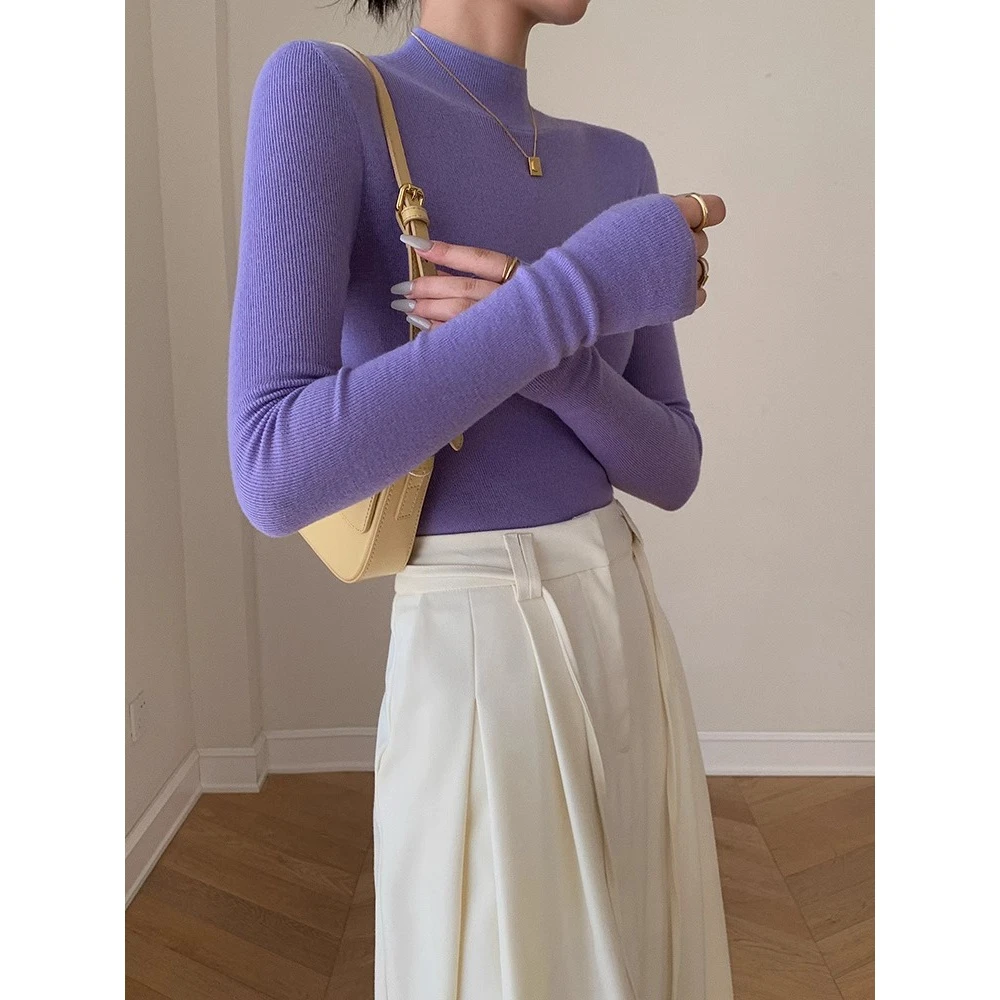 高级感紫色半高领针织打底衫女秋冬修身显瘦毛衣内搭时尚洋气上衣