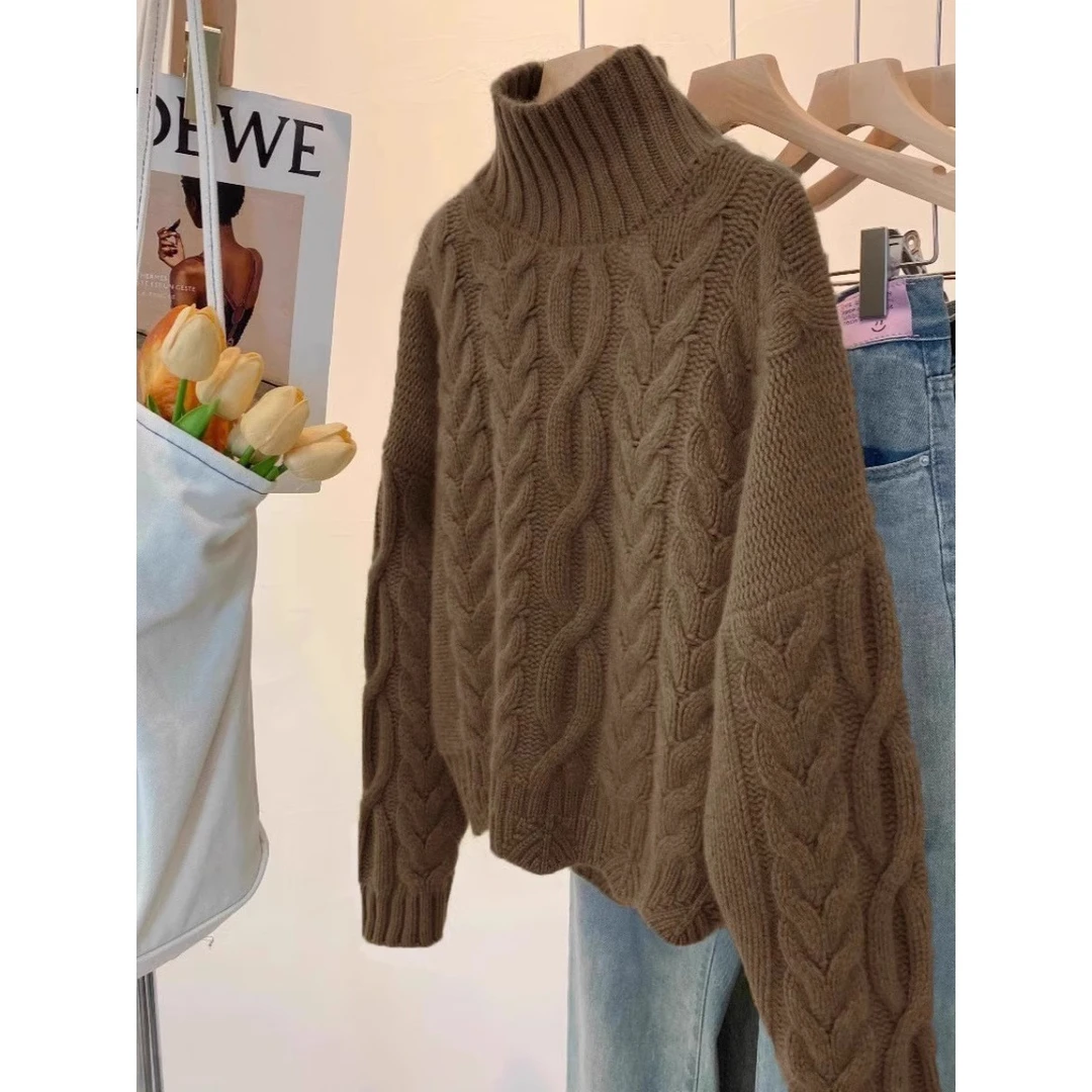 美拉德色系高领麻花韩版女冬季宽松慵懒风设计感内搭短款针织衫厚