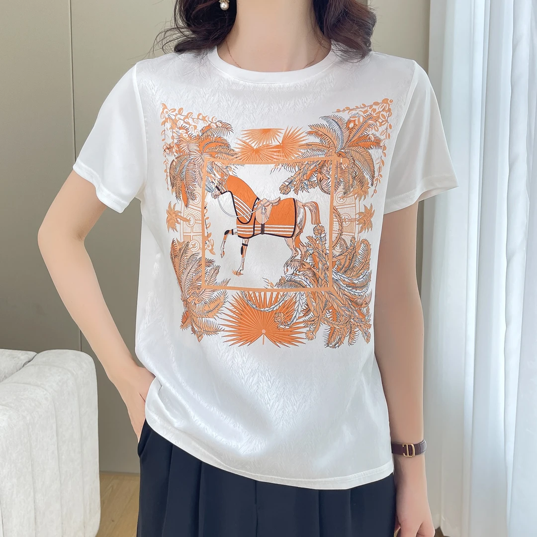 1287夏季丝滑缎面冰凉感女半袖T恤洋气AB拼接短袖