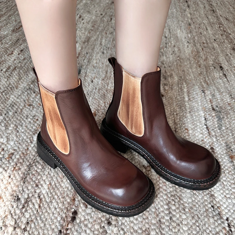 秋冬新款头层牛皮切尔西靴女擦色复古英伦马丁靴厚底短筒弹力靴子