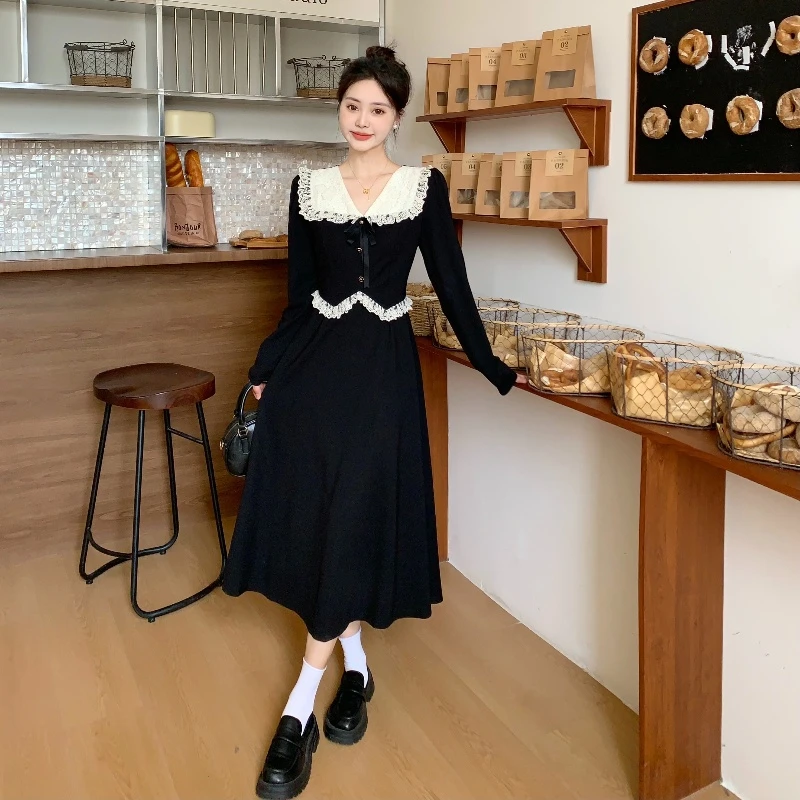 大码胖MM法式气质连衣裙秋季新款女装长款黑色a字裙