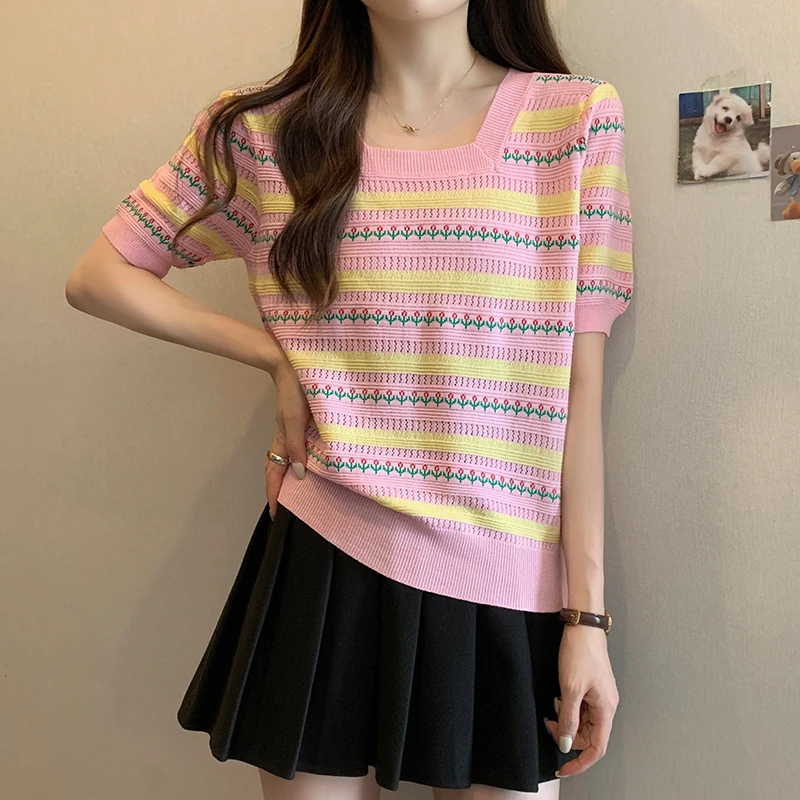 2024夏季新款方领针织短袖T恤女大码微胖MM宽松条纹遮肉显瘦上衣