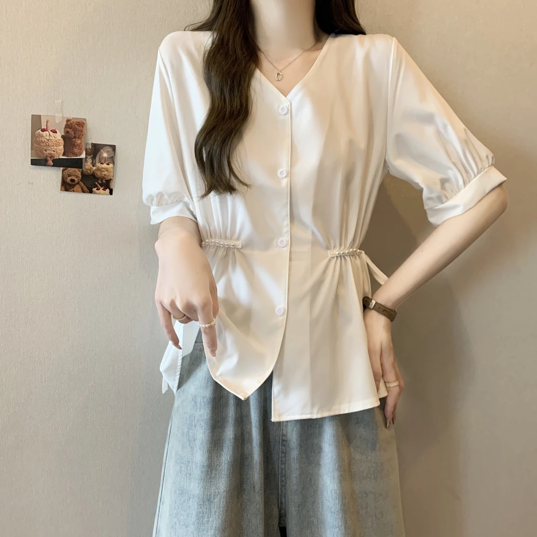 大码微胖MM洋气减龄气质短袖衬衫女夏季新款时尚百搭遮肉显瘦上衣