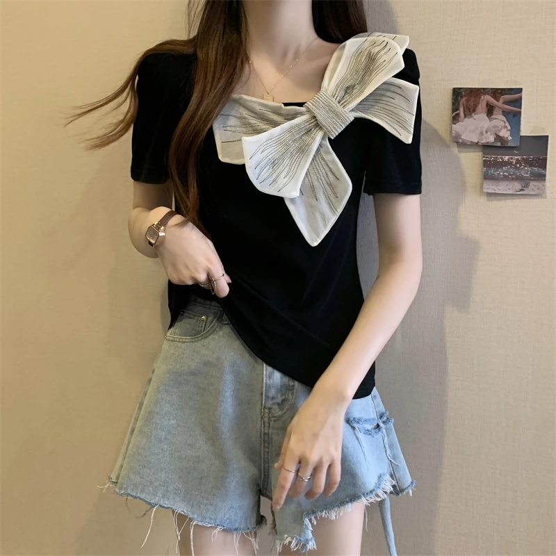 法式方领短袖T恤女2024夏季新款大码微胖mm显瘦设计感泡泡袖上衣