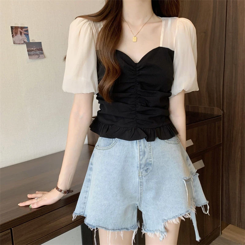 2024夏季泡泡袖雪纺衬衫女大码微胖MM显瘦法式气质设计感短袖上衣