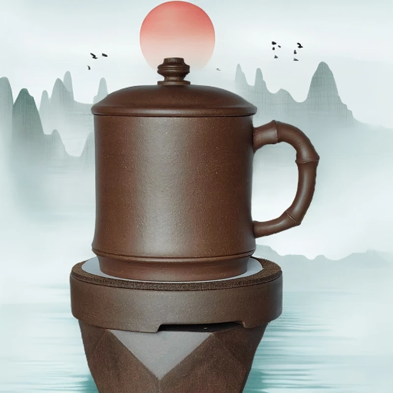 大容量黄龙山原矿紫砂杯手工竹节盖杯办公室泡茶茶水杯