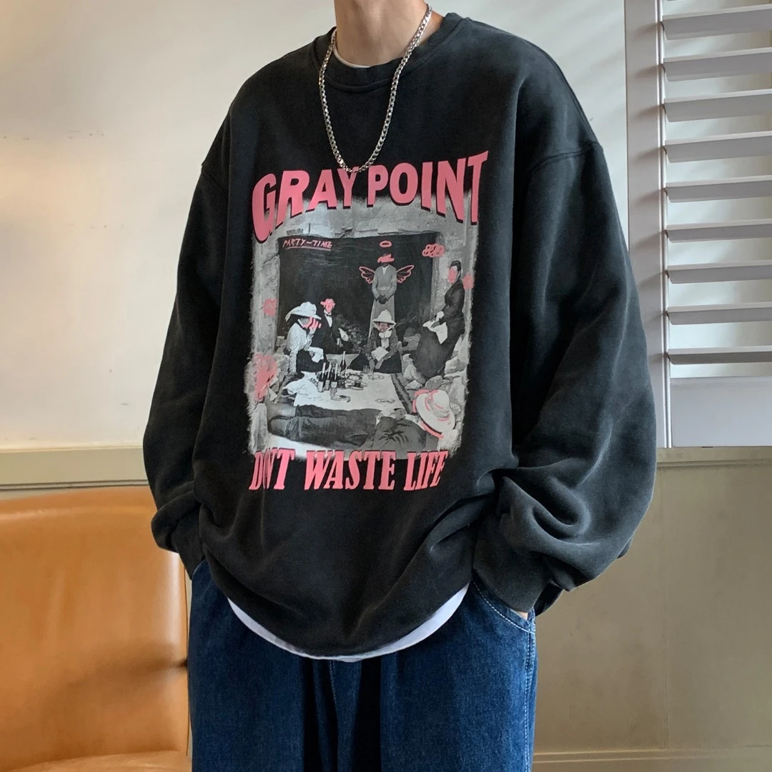 美式复古水洗做旧卫衣男春秋圆领宽松hiphop潮牌高街ins情侣外套