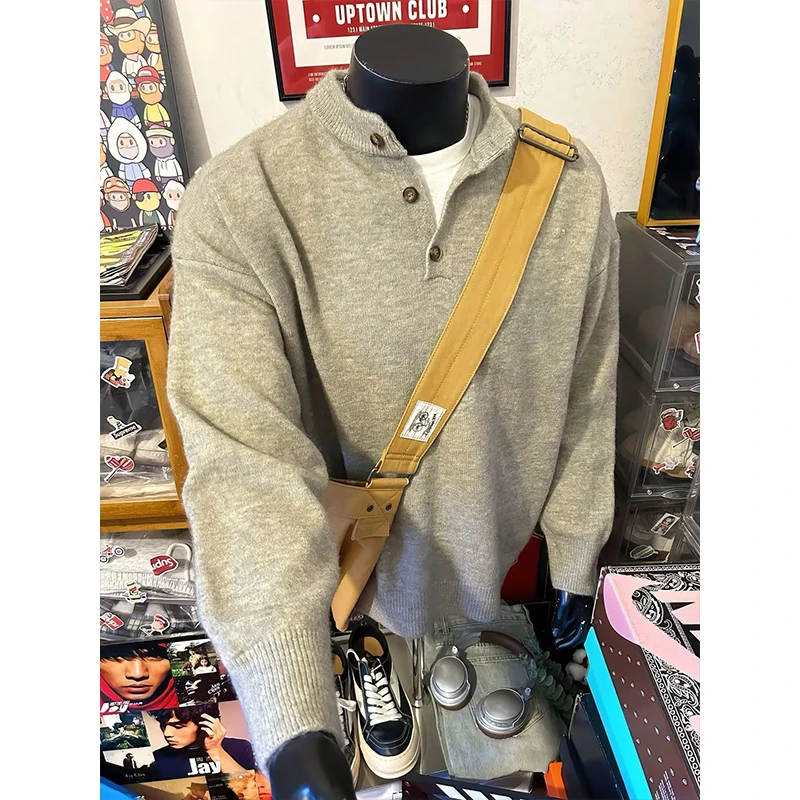 cleanht灰色亨利领毛衣男秋冬款高级感内搭线衣美式慵懒风针织衫