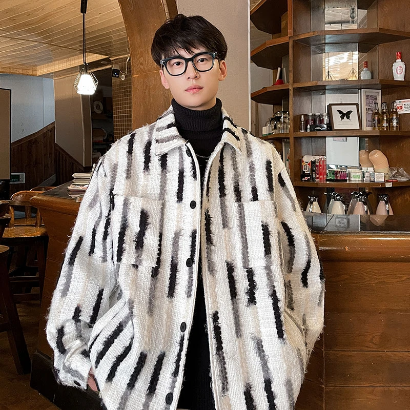 小香风毛呢外套男2024春秋款设计感小众痞帅潮牌宽松休闲翻领夹克