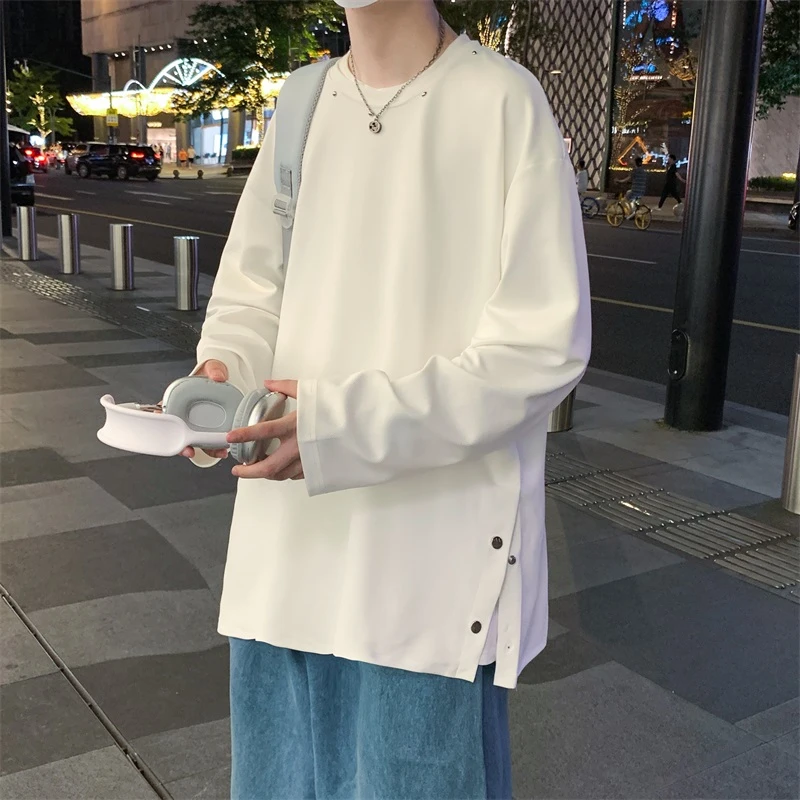 开衩排扣长袖t恤男春秋季ins潮牌设计感上衣服宽松潮流内搭打底衫