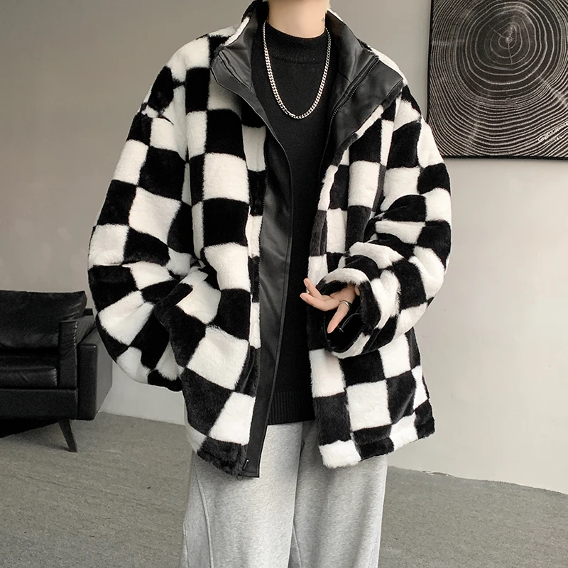 两面穿格子羊羔绒外套男款冬季加厚pu皮衣棉服美式机车皮夹克棉衣