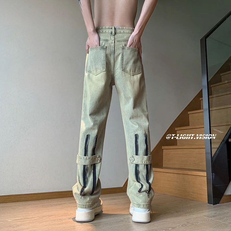 拉链黄泥染牛仔裤男春夏美式复古高级感痞帅炸街宽松直筒小众裤子