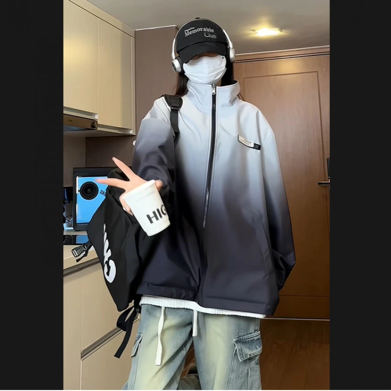 双面穿美式立领冲锋衣外套男秋季设计感潮流户外登山渐变小众夹克