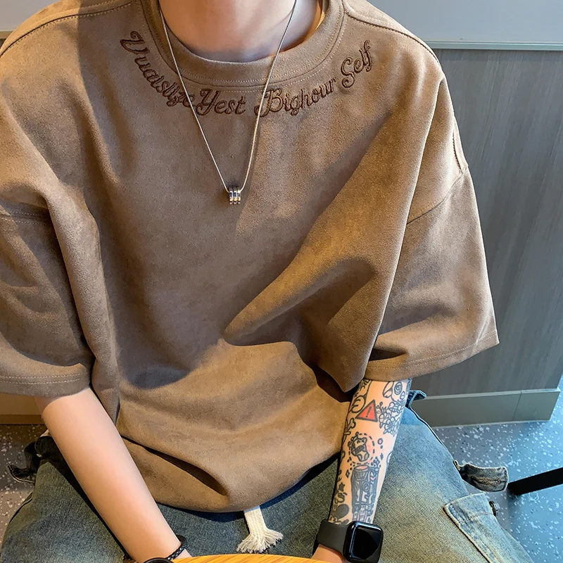 仿麂皮绒刺绣字母重磅t恤男短袖夏新款港风复古痞帅宽松大码半袖