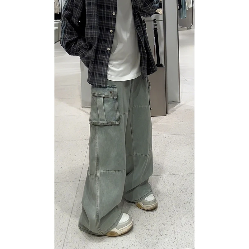 美式复古牛仔裤男款秋季新款2024新款大口袋工装宽松阔腿水洗裤子