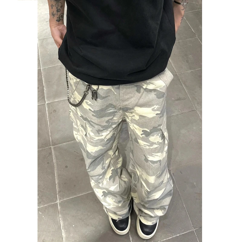 多口袋迷彩工装裤男生秋季复古潮牌痞帅休闲裤美式高街直筒长裤子