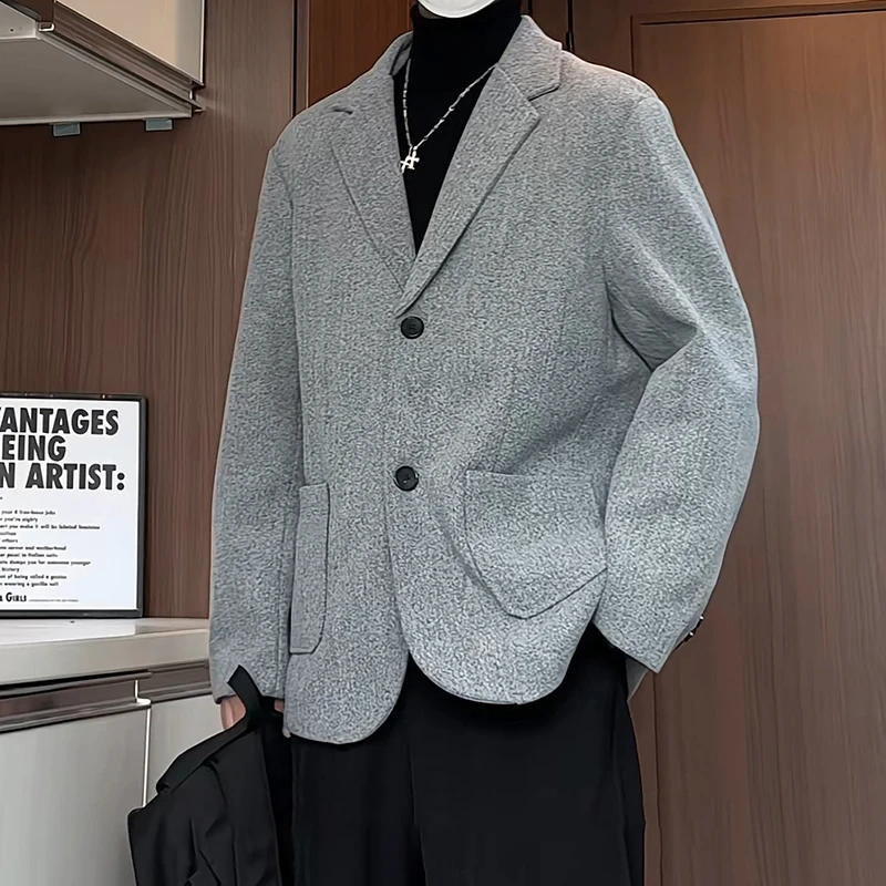 花灰色毛呢西装外套男秋冬高级感痞帅休闲西服戗驳领短款呢子夹克