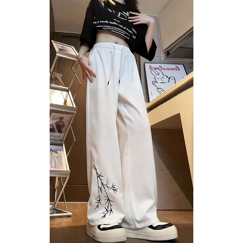 新中式竹叶刺绣裤子男高级感垂感冰丝直筒裤中国风复古大码休闲裤