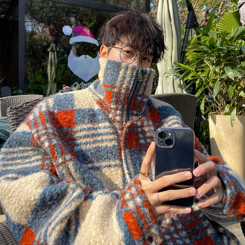 小香风毛呢外套男秋冬款美式复古格子法式短款夹克潮牌情侣棉衣服