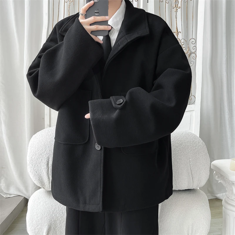 短款立领毛呢大衣男秋冬季新款港风宽松加厚呢子外套潮流休闲风衣