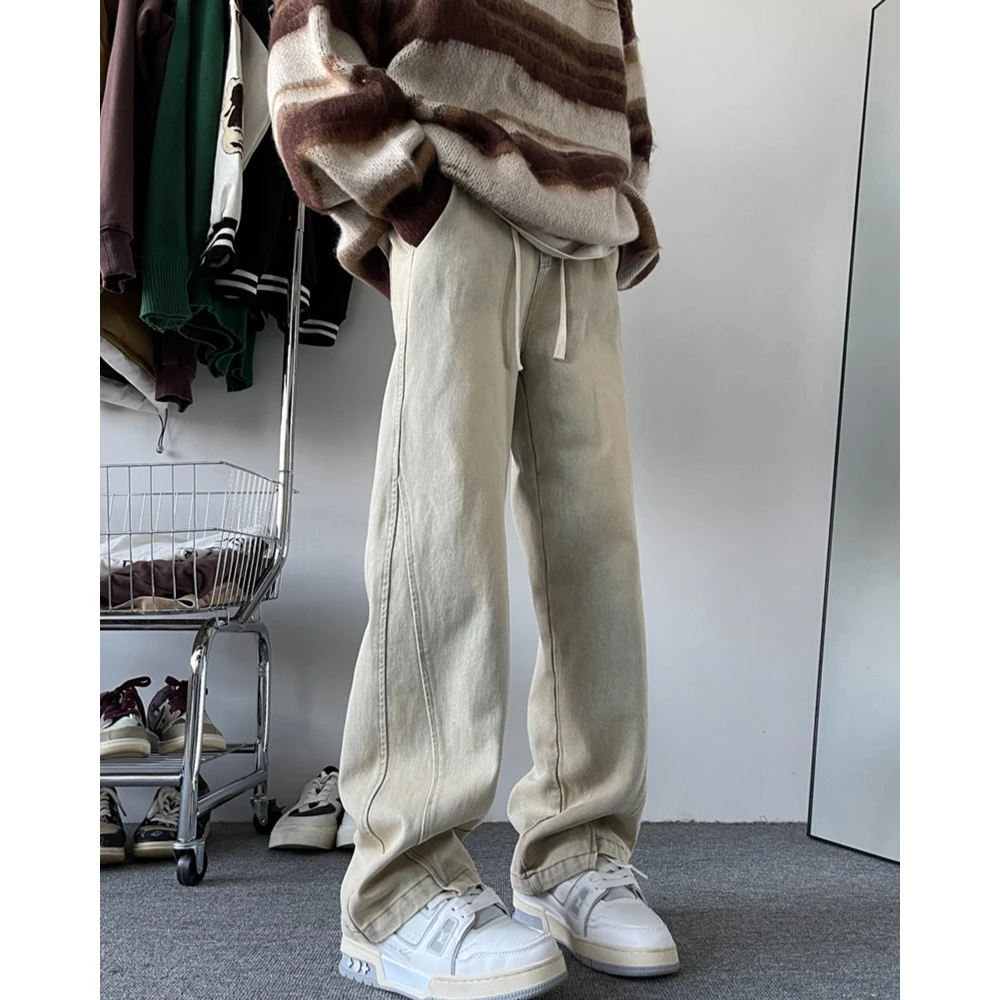 黄泥色牛仔裤男款秋冬季美式高街水洗做旧阔腿裤潮牌宽松直筒裤子