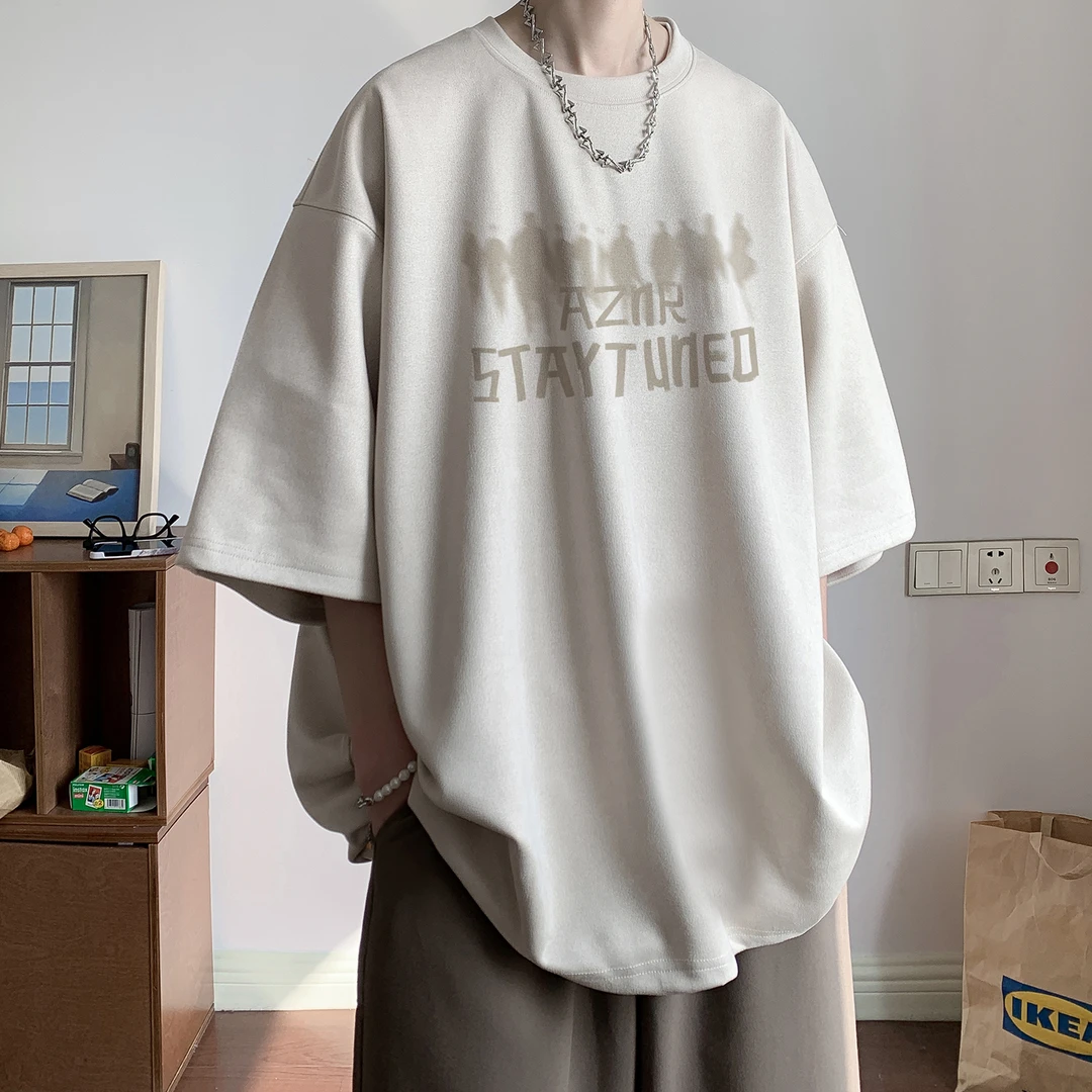 仿麂皮绒烧花短袖t恤男夏季潮牌美式重磅衣服宽松青少年大码体恤