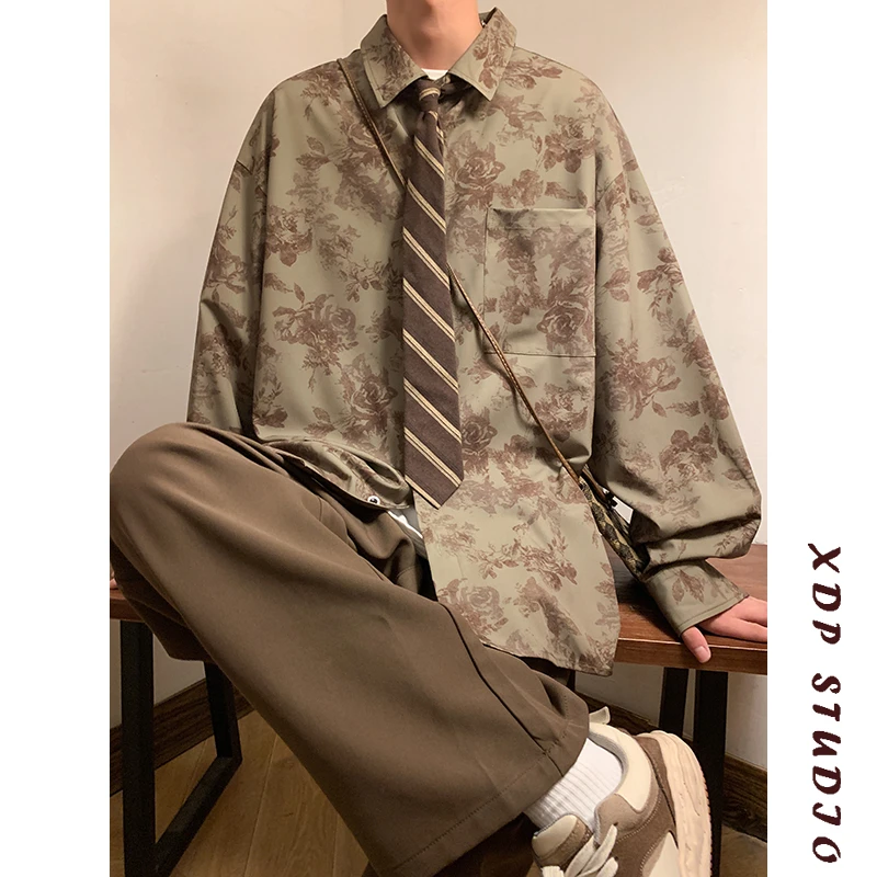 巴洛克花衬衫男长袖春季ins潮牌vintage古着感衬衣高级感痞帅外套