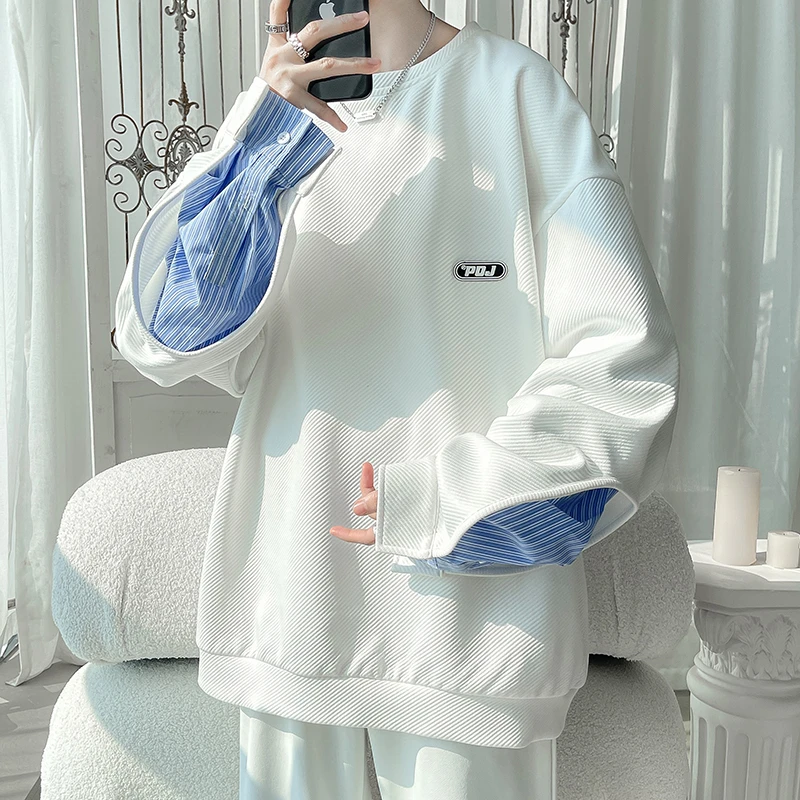 假两件卫衣男秋季oversize小众高街条纹衣服春秋ins潮牌圆领外套