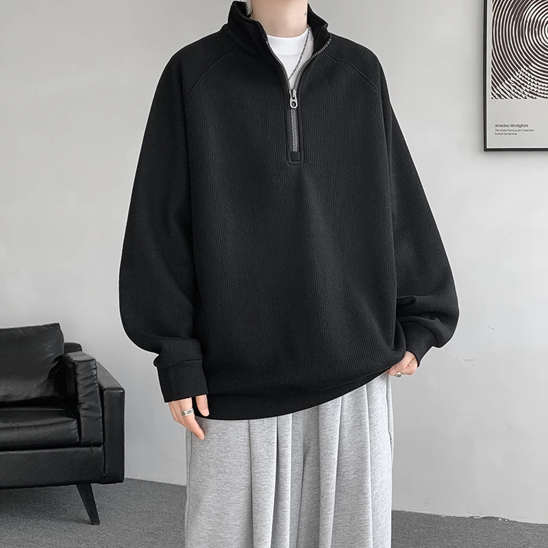 半拉链高领卫衣男春秋潮牌宽松大码打底衫美式复古设计感小众外套