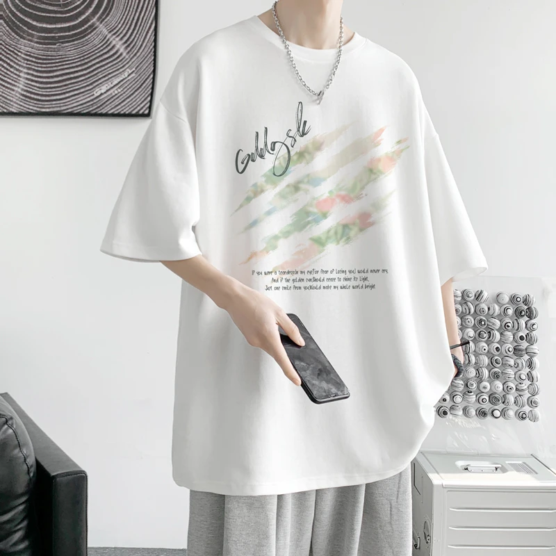 设计感印花纯棉短袖t恤男款2024夏季新款宽松大码青少年圆领半袖