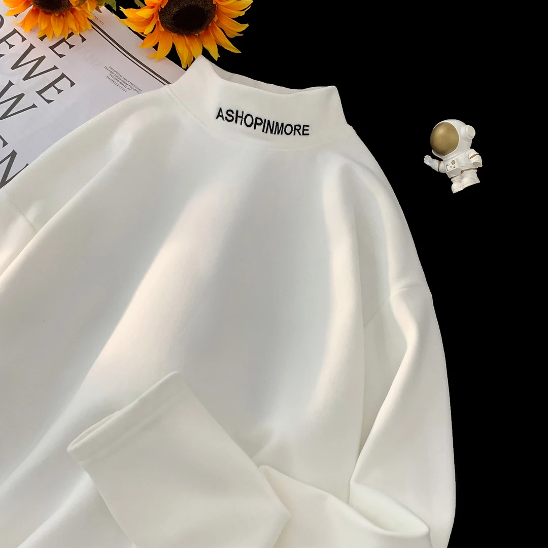 半高领刺绣长袖t恤男款2024秋冬季新款打底上衣潮牌宽松百搭卫衣