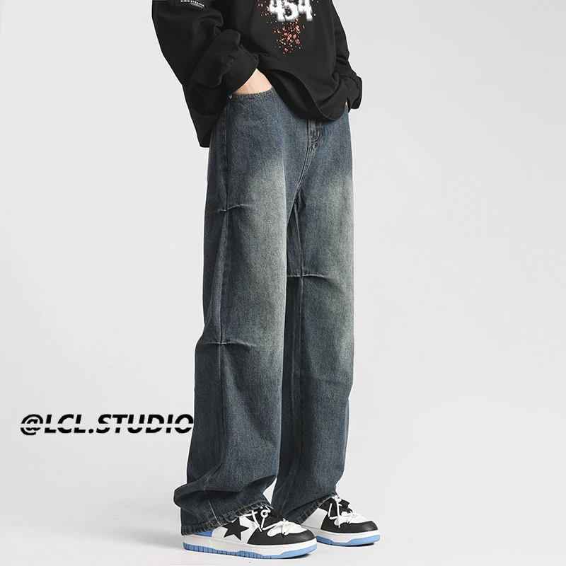 牛仔裤男冬季美式高街小众设计感水洗做旧宽松直筒阔腿休闲长裤子